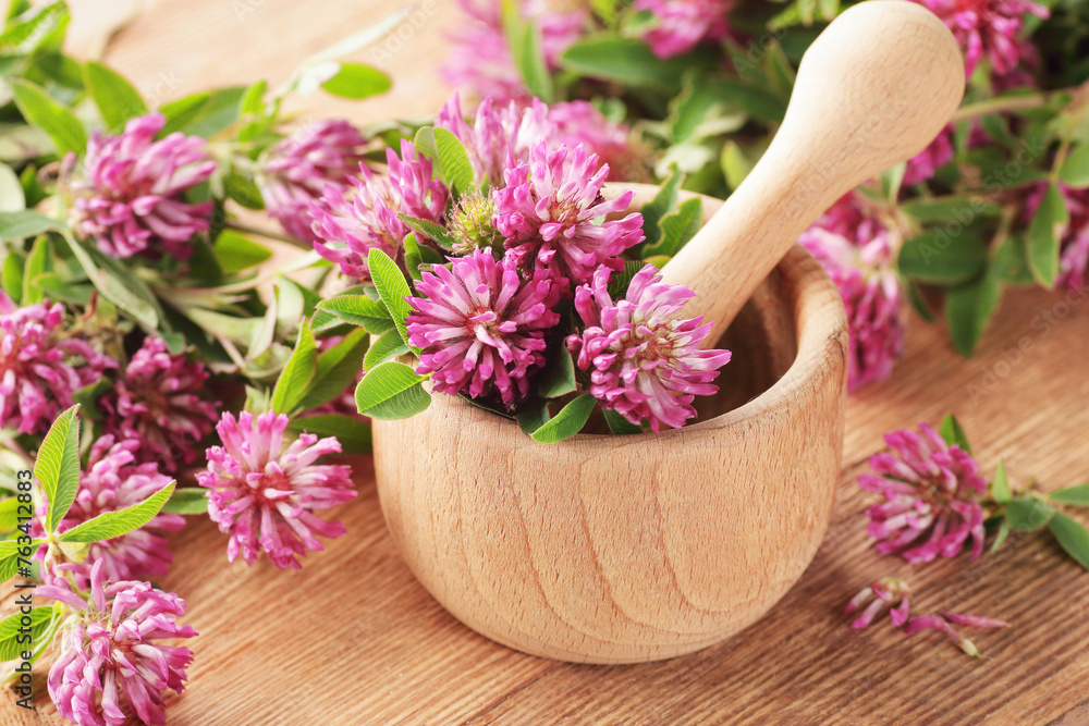 Red clover extract in wooden mortar with leaves and flowers on rustic background, closeup, remedy for menopause, source of estrogen, used in cosmetics, spa, face and hair beauty