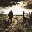 A man in a cowboy hat walking through a field on a cloudy day. A man is standing near the gate. The sky is clouded over. The scene evokes a feeling of loneliness and contemplation