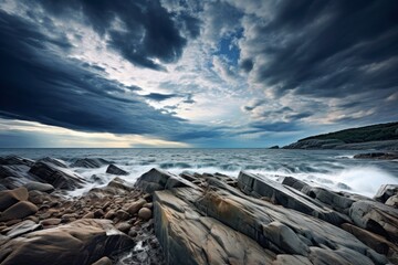 Wall Mural - rocky beach meeting the vast expanse of the ocean under a dramatic sky