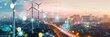 AI interface in urban skyline with wind turbines symbolizing smart city solutions for a sustainable future