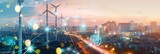 Fototapeta Dziecięca - AI interface in urban skyline with wind turbines symbolizing smart city solutions for a sustainable future