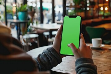 A person's hand navigates a phone with a green screen at a cozy café table, with a blurred background setting a relaxed tone for digital connectivity and casual tech use