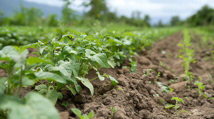 Potato seedlings growing on the field in the countryside 