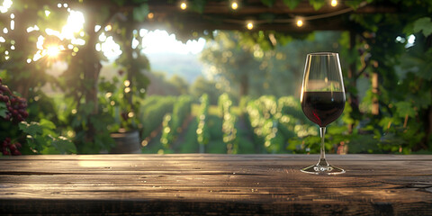 Wood table top with a glass of red wine on blurred vineyard landscape background