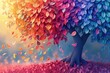 Colorful tree with leaves on hanging branches illustration background. 3d abstraction wallpaper . Floral tree with multicolor leaves