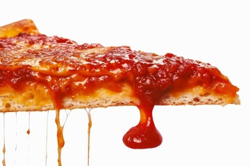 Wall Mural - A slice of tasty pizza is flying out on a white background.