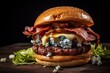 Close up of a gourmet bacon and blue cheese burger