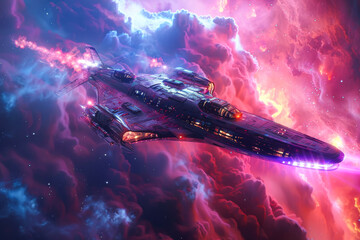 Wall Mural - a spaceship is flying through a colorful space with a purple and orange background. the ship is surr