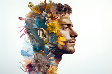 Wall Mural - Male profile portrait with colorful flowers and leaves inside his head. Mental health concept, depression, support and self care