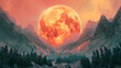 A large red moon is in the sky above a mountain range. The scene is serene and peaceful, with the moon casting a warm glow over the landscape. The mountains in the background add a sense of grandeur