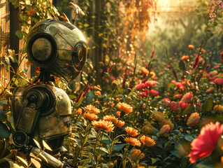 Poster - A robot is sitting in a field of flowers. The robot is surrounded by a variety of flowers, including daisies and roses. The scene is peaceful and serene