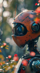 Poster - A robot with a red helmet and a blue face. The robot is standing in a forest with flowers