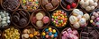 Assorted confectioneries displayed in ceramic bowls, offering a feast of colors and shapes on a rustic wooden table