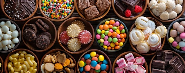 Assorted confectioneries displayed in ceramic bowls, offering a feast of colors and shapes on a rustic wooden table