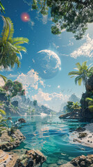 Wall Mural - a beautiful tropical scene with a large planet in the sky and a body of water