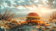 A burger with fries on a rocky desert landscape. The burger is half eaten and the fries are scattered around it. Scene is somewhat bleak and desolate, as the burger and fries are in an unlikely