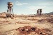 Oil drilling derricks extracting resources in barren desert landscape under clear sky