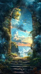 Poster - A painting of a forest with a large archway in the middle. The archway leads to a beautiful view of the ocean. The sky is filled with clouds, and the trees are lush and green