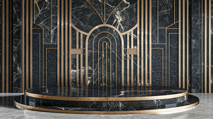 Canvas Print - A black marble wall with gold trim and a marble pedestal in the center