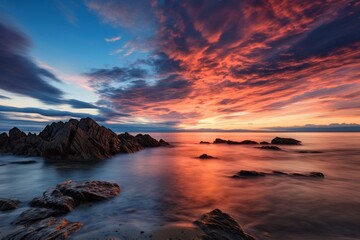 Wall Mural - rocky beach meeting the vast expanse of the ocean under a dramatic sky