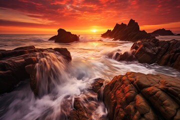 Wall Mural - Rocky coastline and crashing waves under a fiery sunset sky