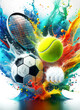 Golf ball, tennis ball and a soccer ball in colorful water splashes