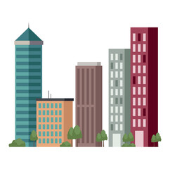 Wall Mural - Image of City buildings. This image captures the essence of a cityscape in a fun and lively cartoon style, adding brightness to any setting on a white background. Vector illustration.