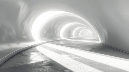 Poster - A long, narrow tunnel with a white ceiling. The tunnel is empty and has no people or objects inside. The light shining through the tunnel creates a sense of emptiness and loneliness