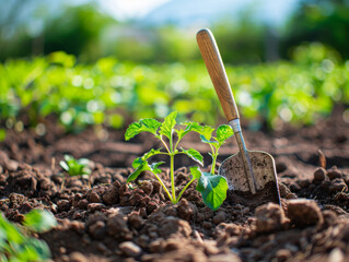 Poster - A small plant is growing in the dirt with a trowel next to it. The trowel is being used to dig a hole for the plant