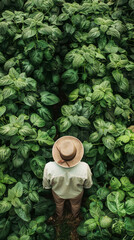 Poster - A man wearing a straw hat stands in a field of green plants. Concept of tranquility and peacefulness, as the man is enjoying the natural surroundings