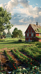 Sticker - A red farmhouse sits in a field of crops. The house is surrounded by a fence and there are several trees in the background. The scene is peaceful and serene, with the farmhouse