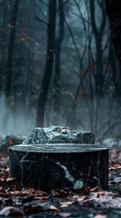 Poster - A black stone is sitting in the middle of a forest. The stone is surrounded by fallen leaves and snow. Concept of solitude and tranquility, as the stone stands alone in the midst of nature