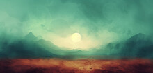 Artistic Digital Watercolor Image Of A Desert With Rich Burgundy Sands Under A Tranquil Teal Dusk Sky
