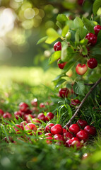 Poster - Bright red cherries scattered on the grass beneath a cherry tree.