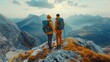 Couple Gazing at Mountain Vista, couple in matching yellow jackets with backpacks stand hand-in-hand, gazing out over a breathtaking mountain range, symbolizing companionship