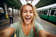 © Oksana - Young blonde woman in a light green blouse smiling and taking a selfie