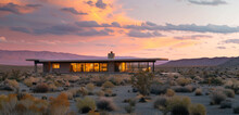A Large, Solitary Desert Dwelling With A Flat Roof And Numerous Chambers, Enveloped By The Soft Twilight Of Dawn. The Home Stands Out Against The Backdrop Of A Tranquil, Pastel-colored Sky