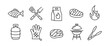 10 black line icons representing barbecue and grill elements (fish, metal fork and handle, charcoal, meat, fire, gas cooker, glove, steak, grill, tong) for promo materials, SMM. Vector illustration