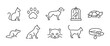 10 black line icons representing a cat, a paw, a dog, a bird in a cage, a turtle, a mouse, a fox, the head of a cat, and a dog collar. for promotional materials, SMM. Vector Illustration