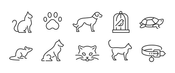 10 black line icons representing a cat, a paw, a dog, a bird in a cage, a turtle, a mouse, a fox, the head of a cat, and a dog collar. for promotional materials, SMM. Vector Illustration