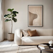 Minimalist cozy home interior design of a modern living room with beige sofa an a fig plant, mockup frame concept