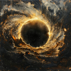 Wall Mural - A painting of a black hole with a yellow sun in the center. The painting is abstract and has a moody, mysterious feel to it