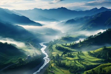 Poster - Misty morning over a tranquil mountain valley