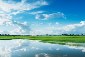 Wall Mural - Paddy fields reflecting the blue sky in still waters, creating a serene composition