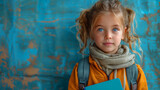 Fototapeta Mapy - back to school, slavic child,  blue background