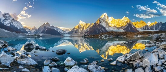 mountains with illuminated peaks, stones in mountain lake, reflection, blue sky and yellow sunlight