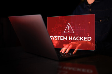 System hacked alert after cyber attack on computer network. Compromised information concept. Internet virus cyber security and cybercrime. Hackers steal the information cybercriminal. Web piracy