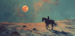 Under a sky lit by a peach moon, a girl on a huge black horse canters freely, the desert sands painted a pale blue
