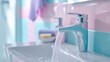 Close-up sink with faucet with running water in bright neon blue pink bathroom