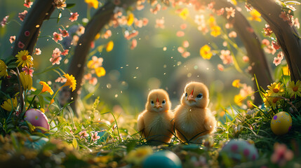 Wall Mural - Beautiful rural archway decorated with spring flowers, with colorful Easter eggs and yellow chickens in green grass, soft lighting, soft focus, bokeh, photorealistic